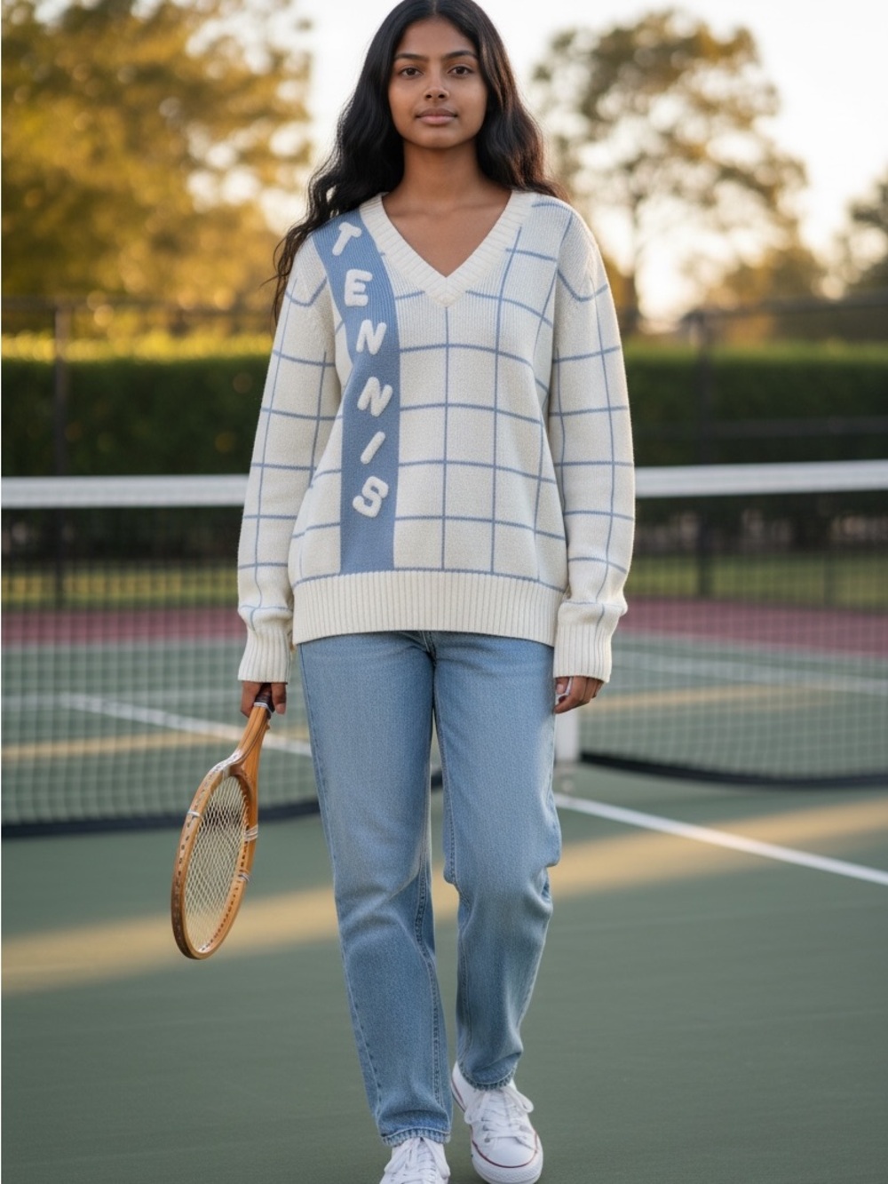 Vintage Cream and Light Blue V-Neck Tennis Grid Sweater